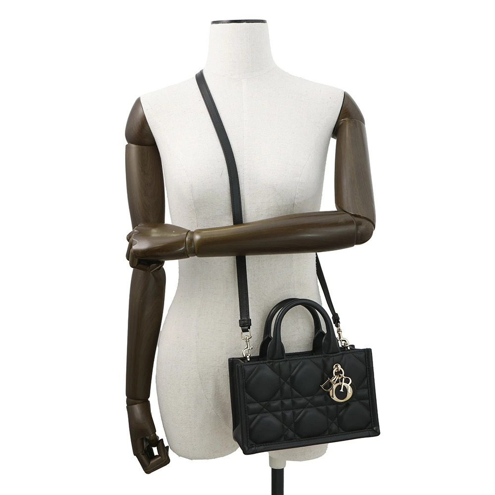 Dior Handbag Macro Cannage Book Tote Calf Leather Black Christian Bag - Picture 5 of 12